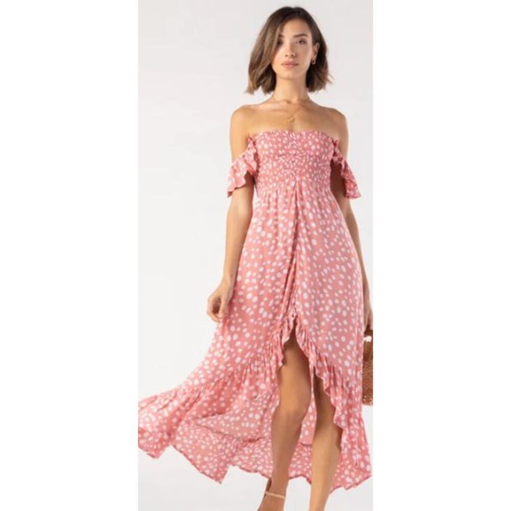 Tiare Hawaii OS Floral Smocked Maxi Dress Coral Handkerchief Hem Ruffle Sleeves